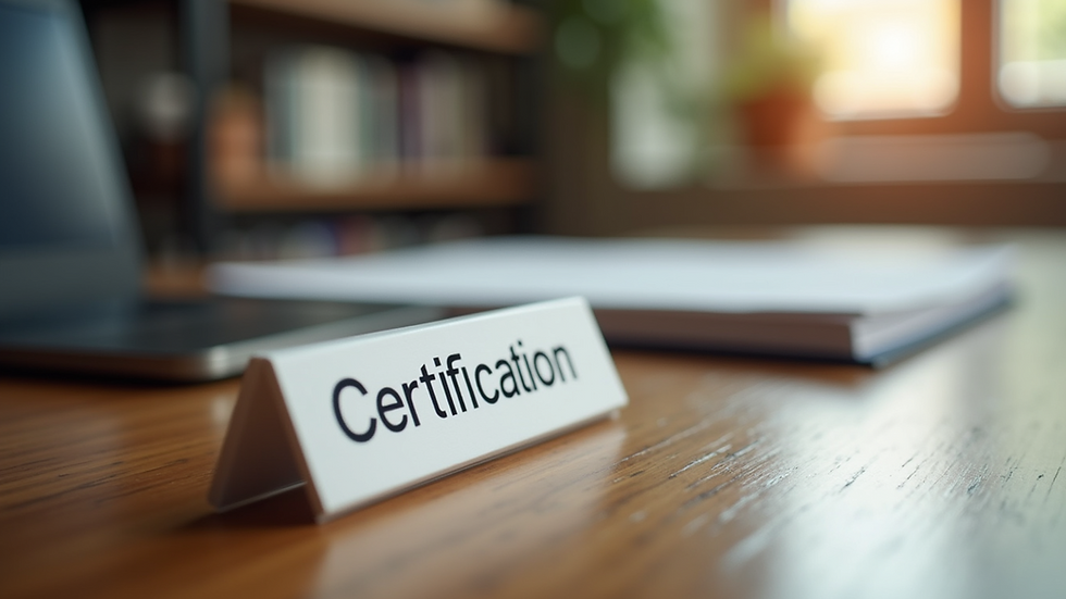 Eye-level view of a certification plaque on a wooden desk