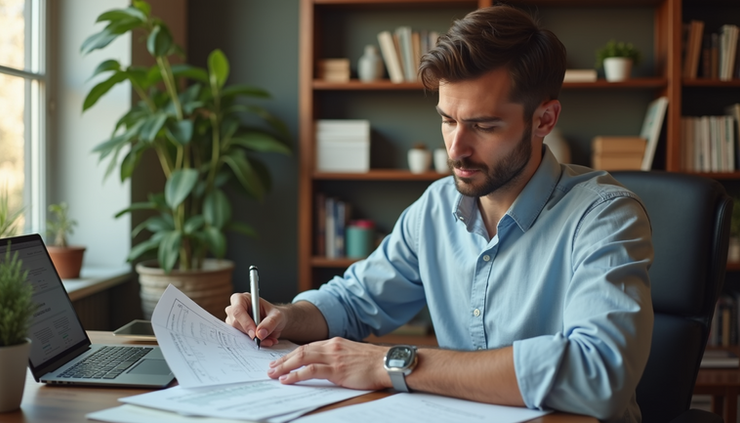 Eye-level view of a small business owner reviewing documents at a desk