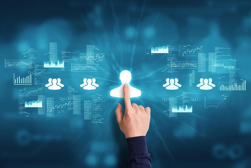 A hand points at a glowing human icon on a blue digital interface with graphs and group icons, suggesting data analysis and networking.