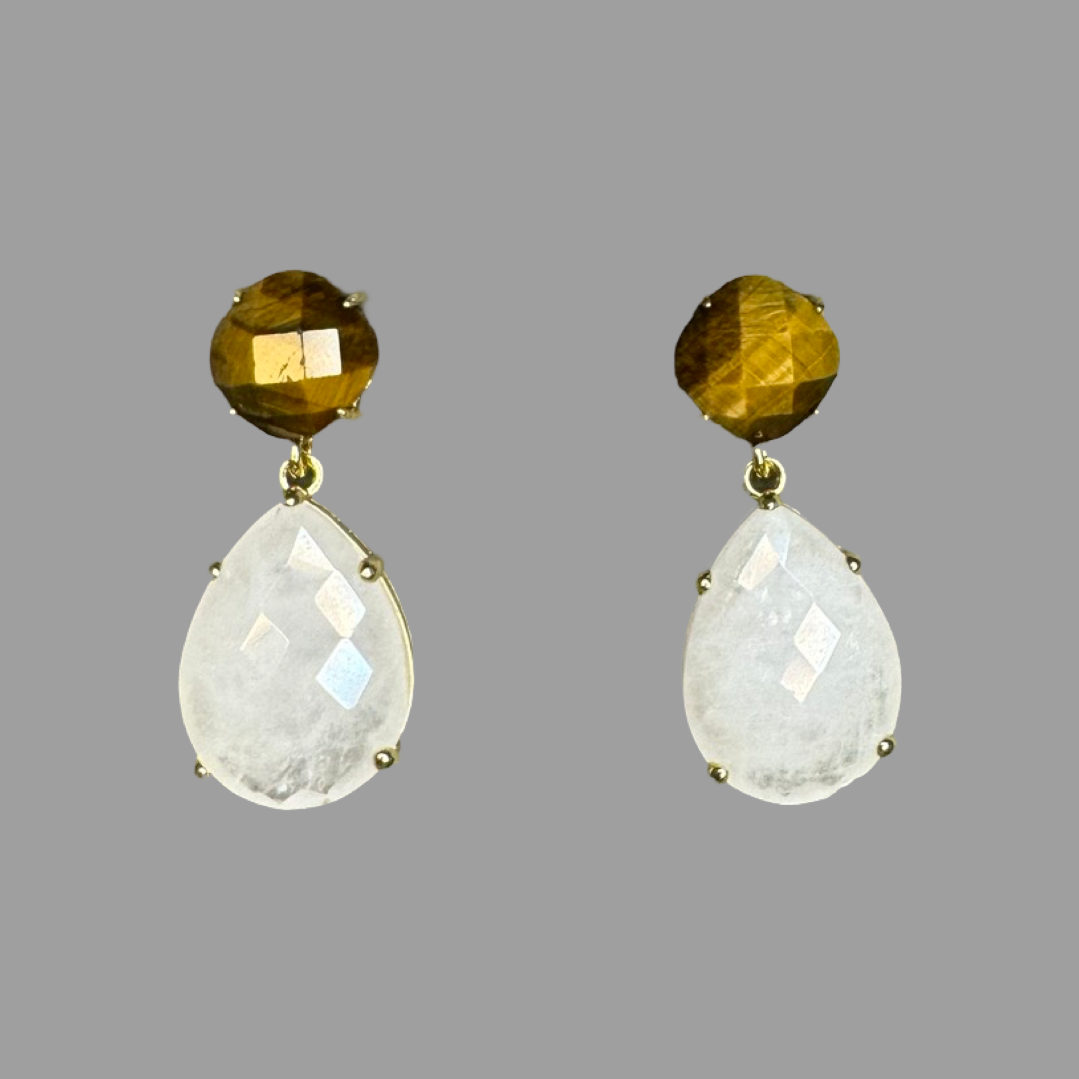 Tropfen Ohrringe Edelstein Tigerauge Bergkristall