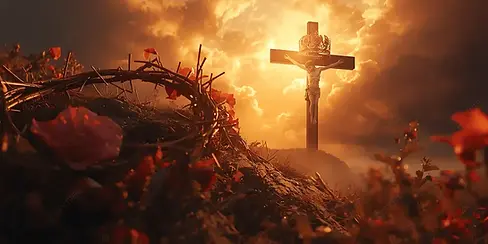 pngtree-jesus-on-cross-with-thorn-crown-roses-golden-light-dramatic-sky-image_19852283.web