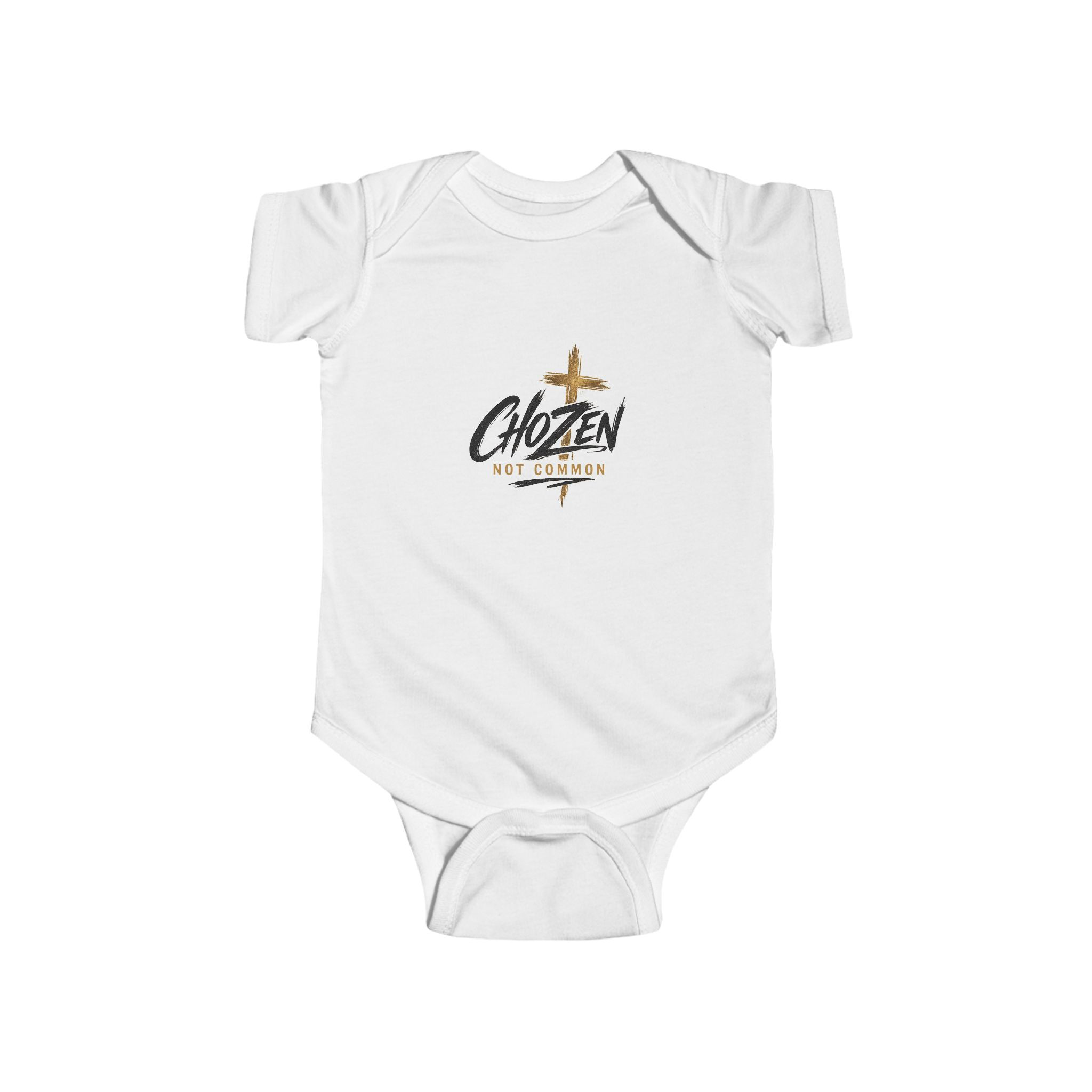 White baby onesie with CHOSEN cross design