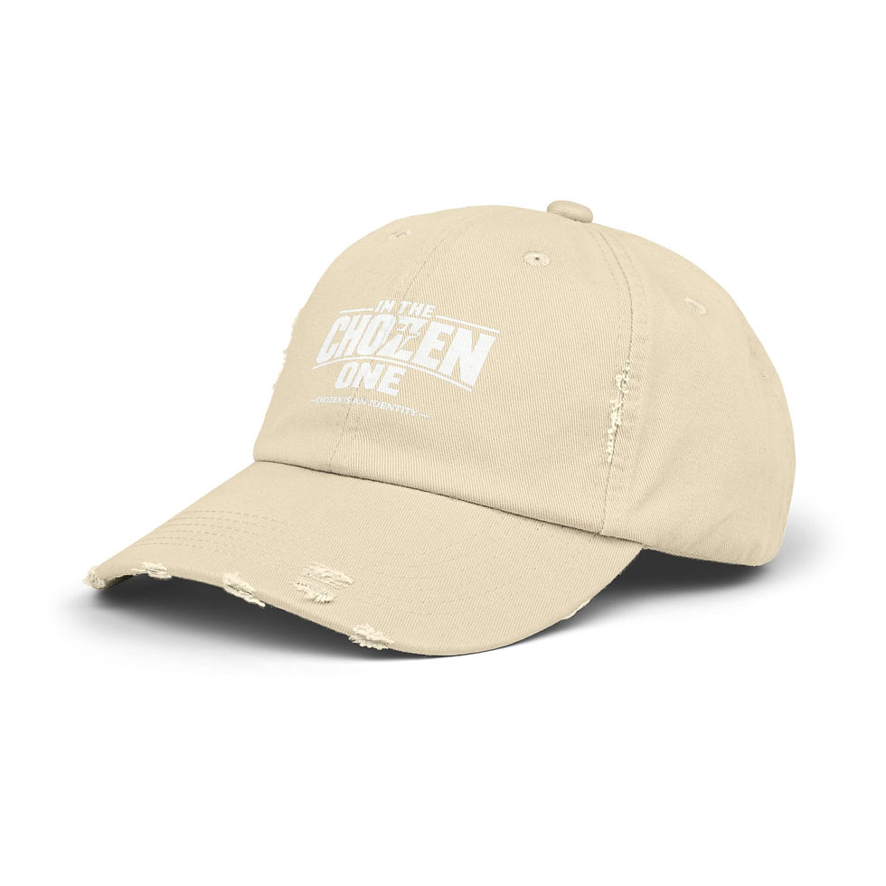 Thumbnail: Beige distressed baseball cap with 'I'M THE CHOSEN ONE'
