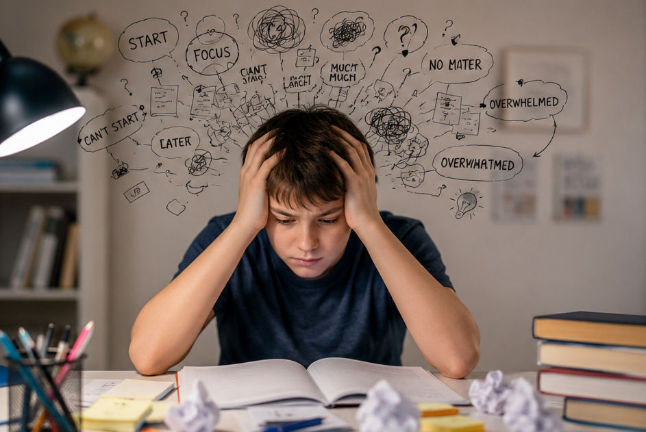 Stressed boy holds his head over an open book, with doodles reading START, FOCUS, and OVERWHELMED in a study room.