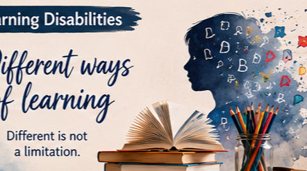 Poster about learning disabilities: open book, pencils and child silhouette with letters, text says Different ways of learning and Different is not a limitation.