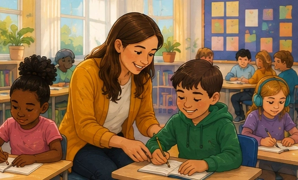 Teacher helps a smiling boy write in a bright classroom while other children work at desks and listen with headphones.