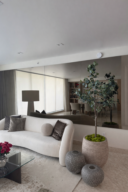 Custom wall-to-wall mirror installation enhancing a modern living room interior