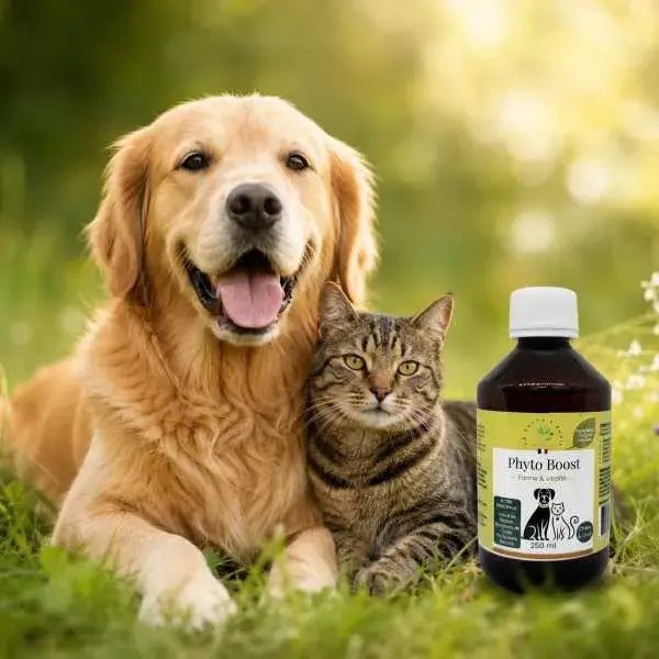 Miniature : Chien et chat en pleine forme avec Phyto Boost, complément naturel pour soutenir leur vitalité