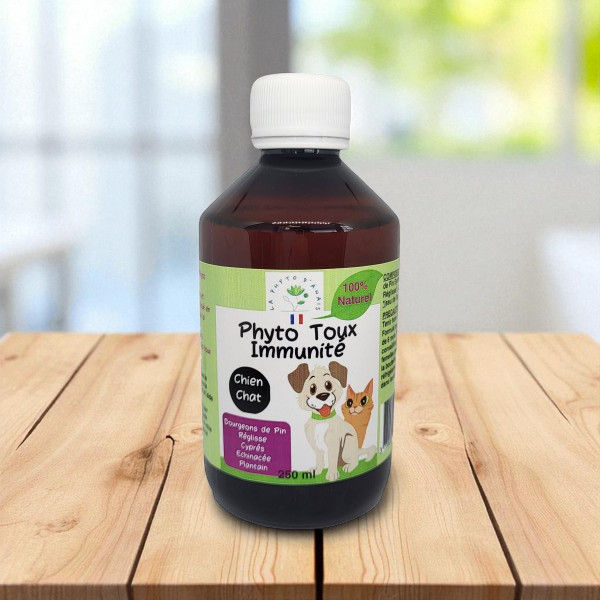 Phyto Toux Immunité vu sur un plan de travail - Tilou Nature boutique de produits naturels pour la santé des animaux.