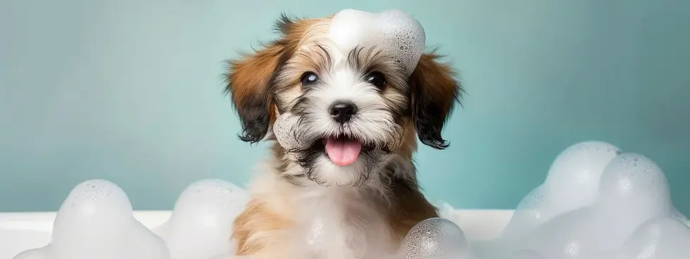 Chiot dans son bain - Tilou Nature boutique de produits naturels pour la santé des chiens