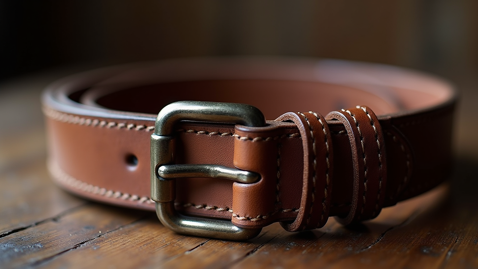 Close-up view of a detailed leather belt with metal buckles