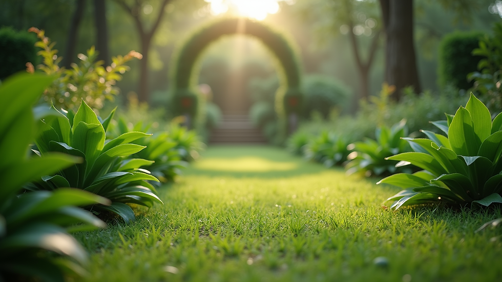 Eye-level view of a serene Ayurvedic garden with lush greenery