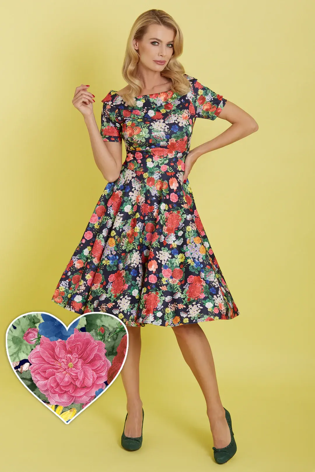 Darlene Midnight Garden Off Shoulder Swing Dress