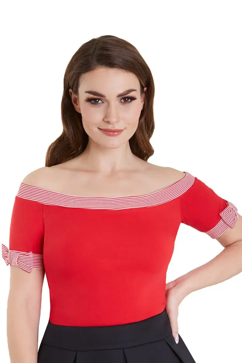 Thumbnail: Layla Off Shoulder Red Striped Trim Top
