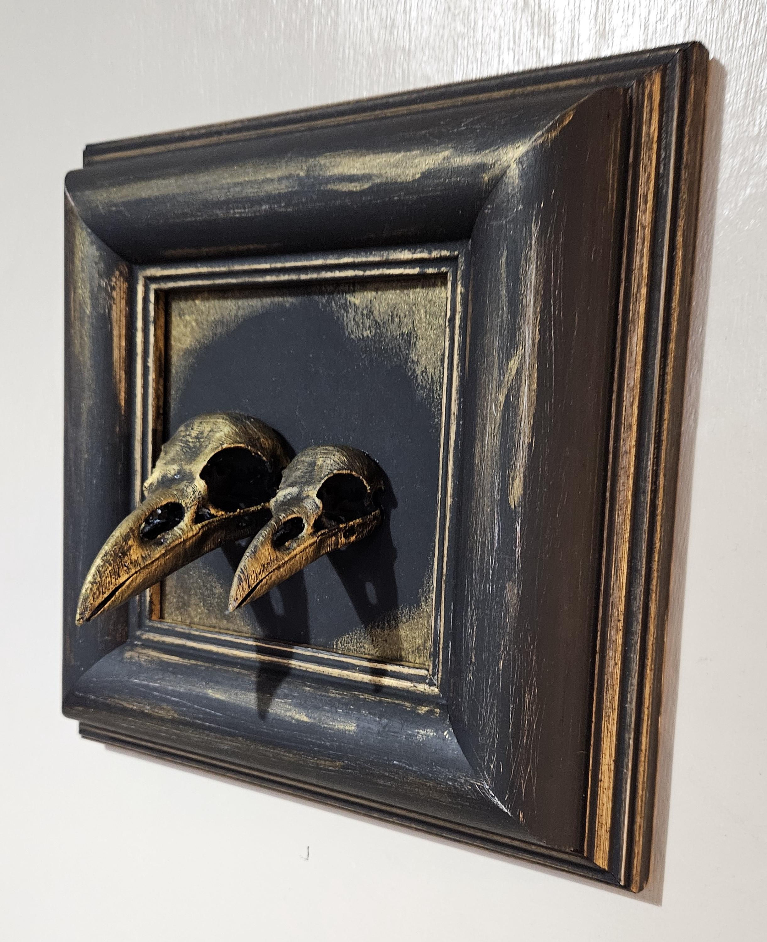 Gothic 3D picture of 2 ravens skulls in beautiful frame, hand painted