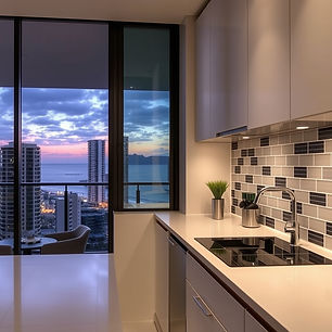 full scale kitchen tiled splashback, looking out into surfers paradise from an apartment f
