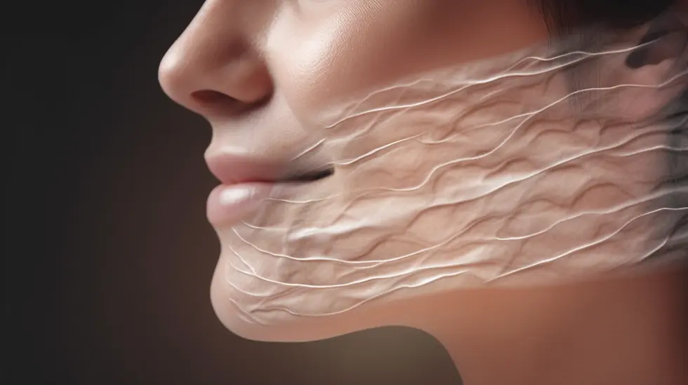 Close-up of a woman's face with translucent skin showing internal layers. Soft lighting, neutral background, highlighting skin texture.