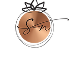 Logo featuring a circular rose gold metallic design with the initials "SN" in elegant script, framed by a minimalist floral o
