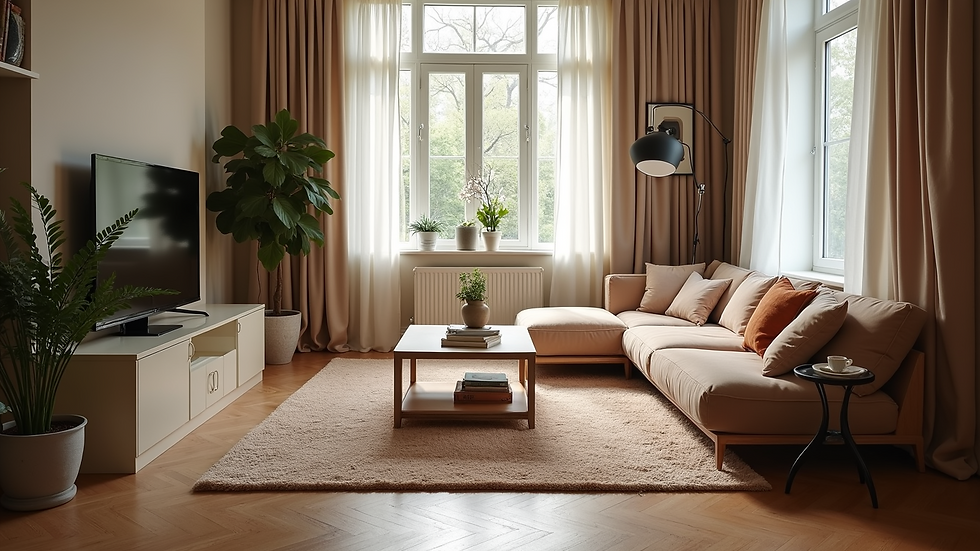 High angle view of a beautifully decorated living room with a Branqusi rug
