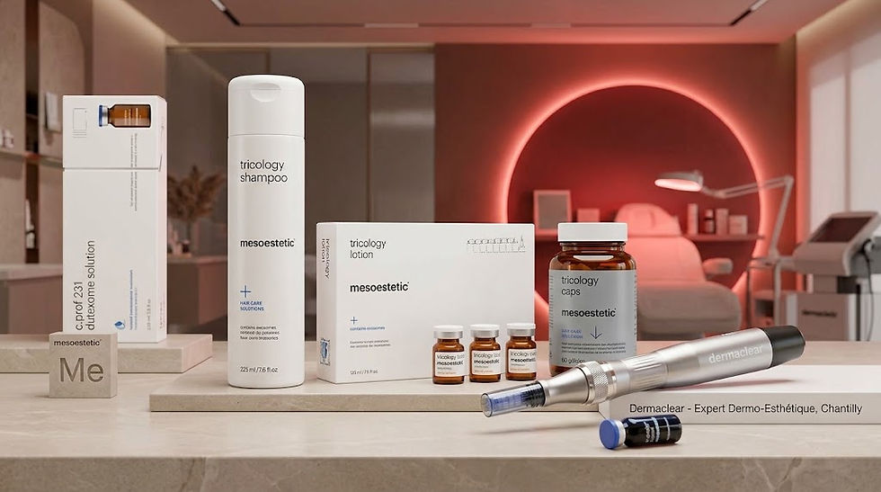 Produits mesoestetic tricology et d-lab pour traiter la chute de cheveux automnal au cabinet Dermaclear Chantilly