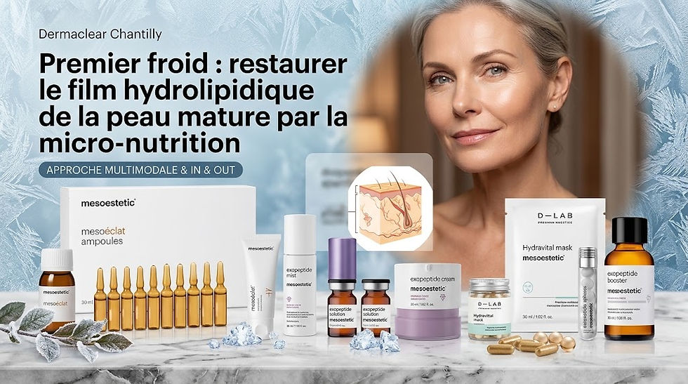 Protégez le film hydrolipidique de votre peau mature face au premier froid. Soins au cabinet et micronutrition In & Out pour une hydratation profonde.
