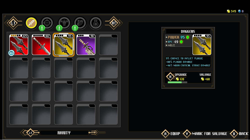 Weapon inventory with the dagger being upgraded with gold