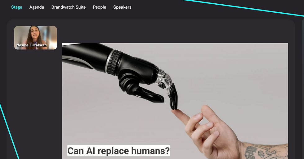A woman talking on a webinar and sharing her screen with the phrase can AI replace humans?