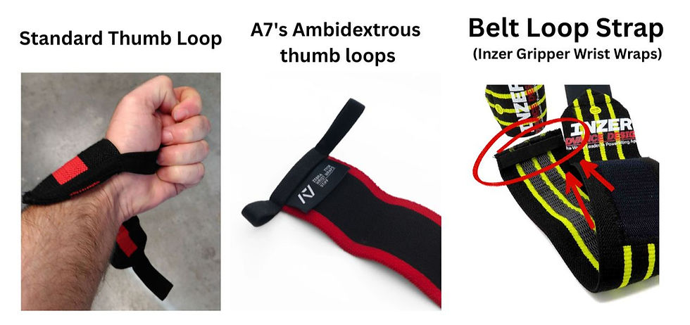 A comparison of wrist wraps and their various thumb loop styles (traditional, ambidextrous, and belt loop strap)