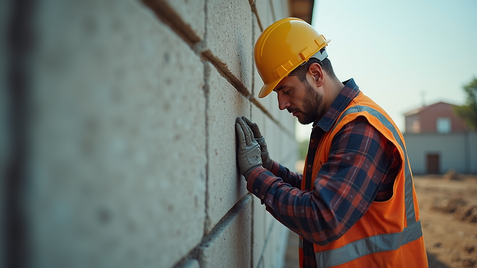 Eye-level view of a construction worker inspecting a building's foundation