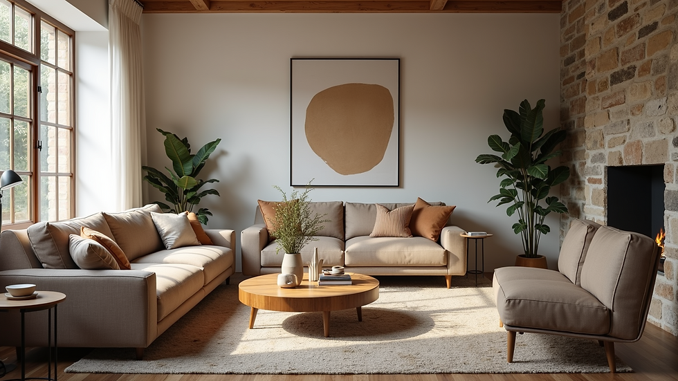 Eye-level view of a beautifully designed living room with rustic elements