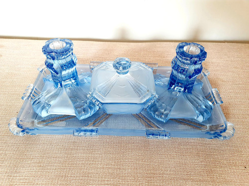 blue glass dressing table set Rare Blue Bohemian Etched Glass Vanity Bottle Dressing Table Set – Egermann Style