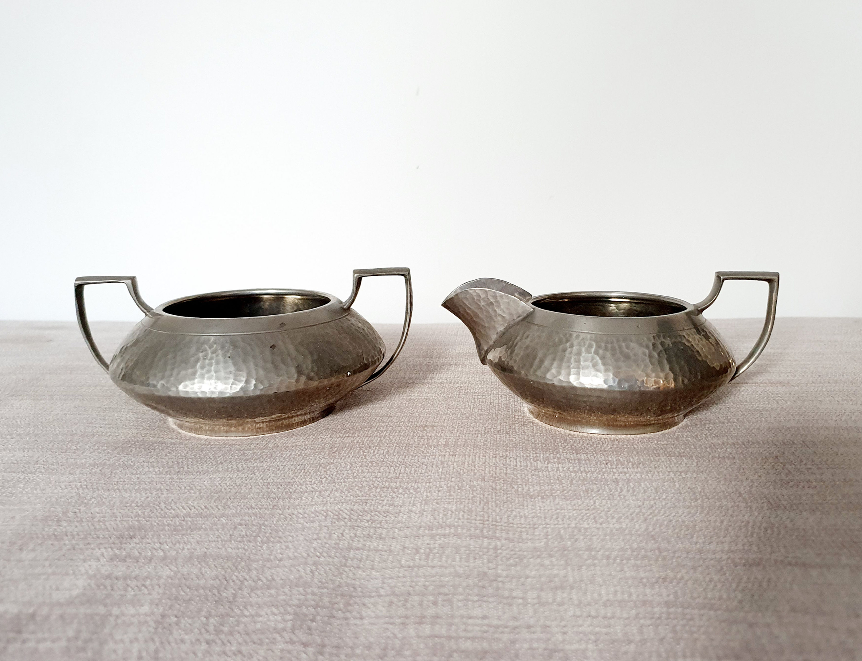 Art Deco Lion Pewter Milk Jug & Sugar Bowl 1930s