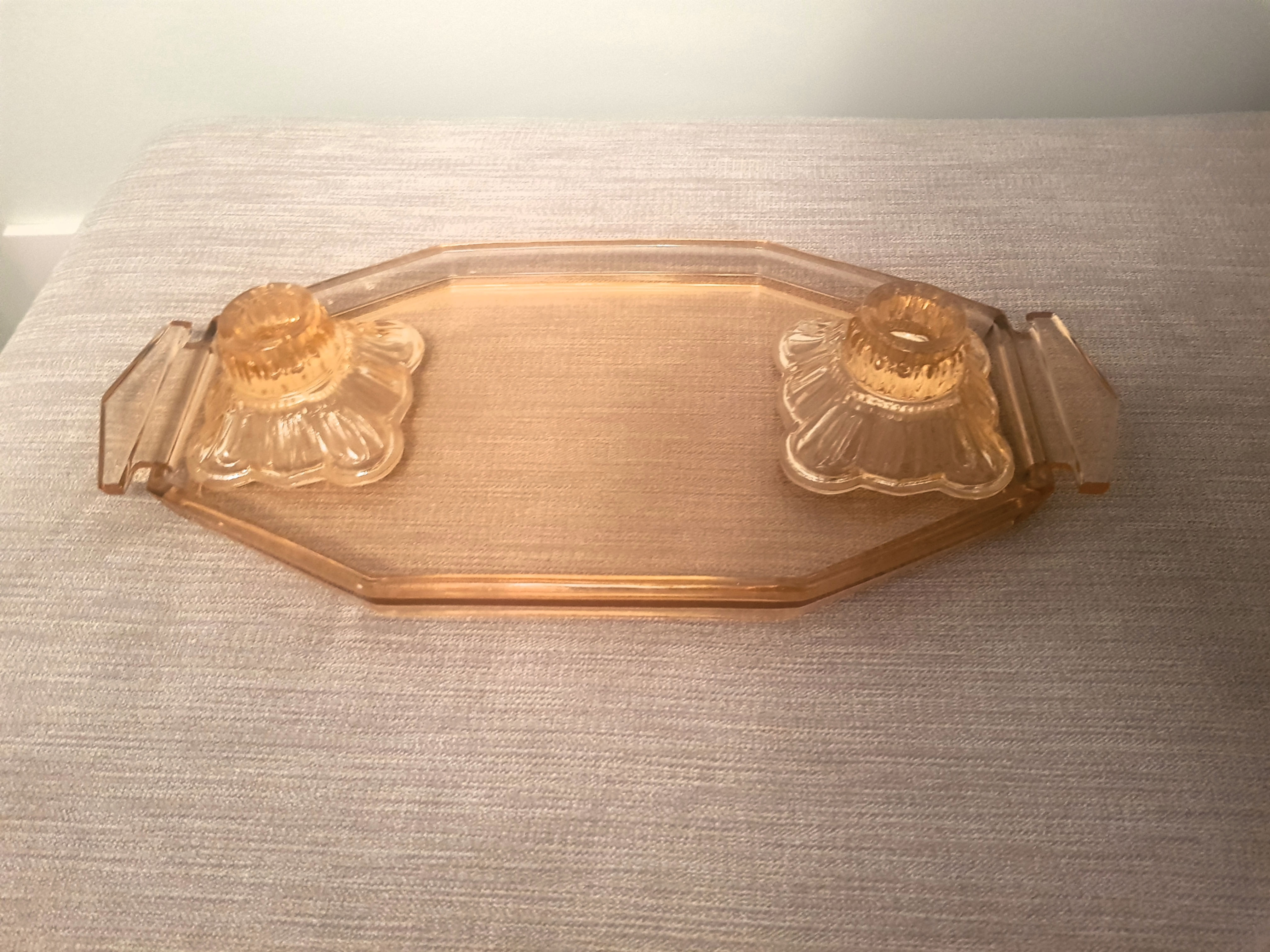 Czechoslovakian Peach Glass Tray & Candlesticks