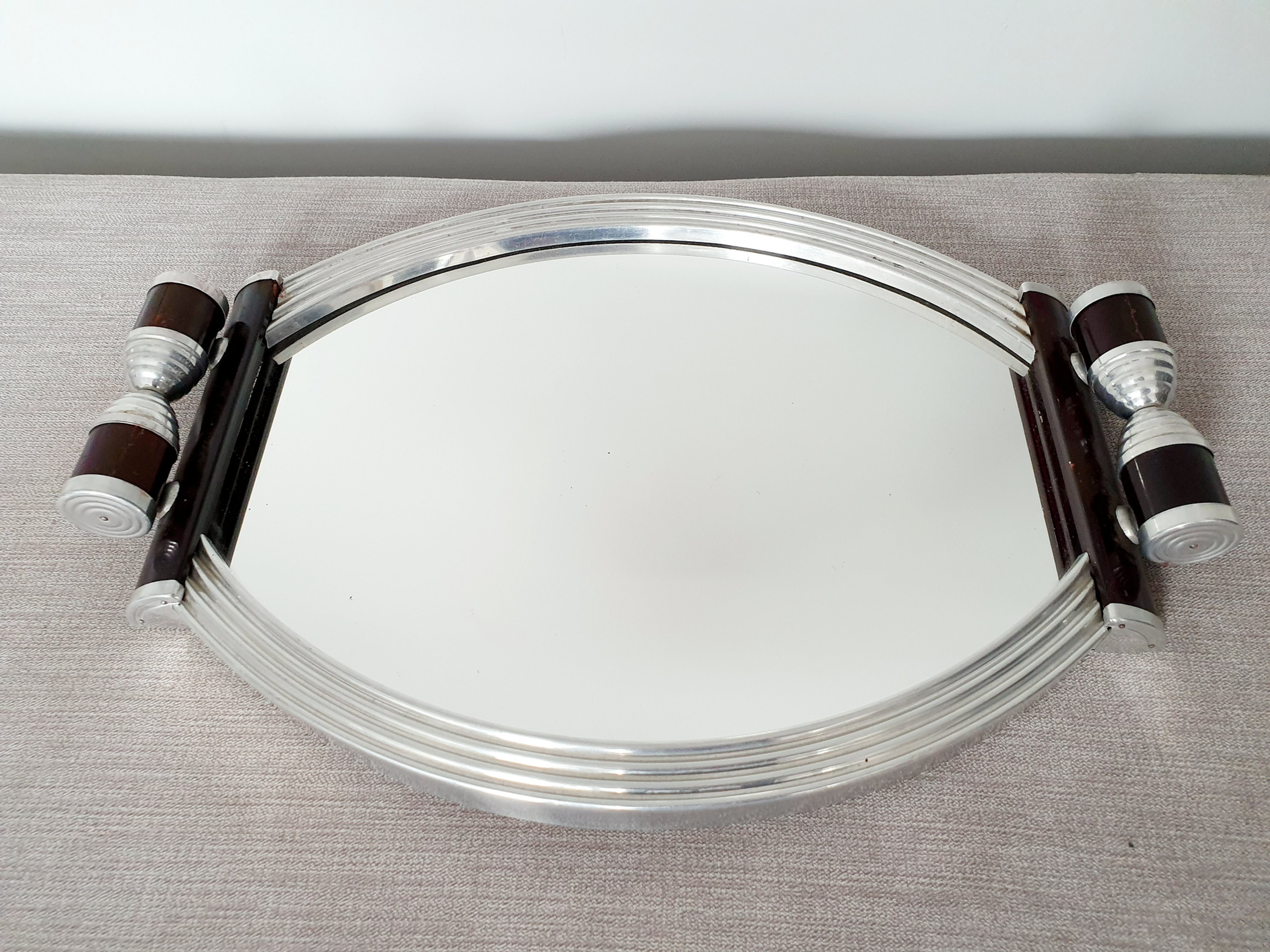 Mirrored Tray with Wooden Scroll Handles