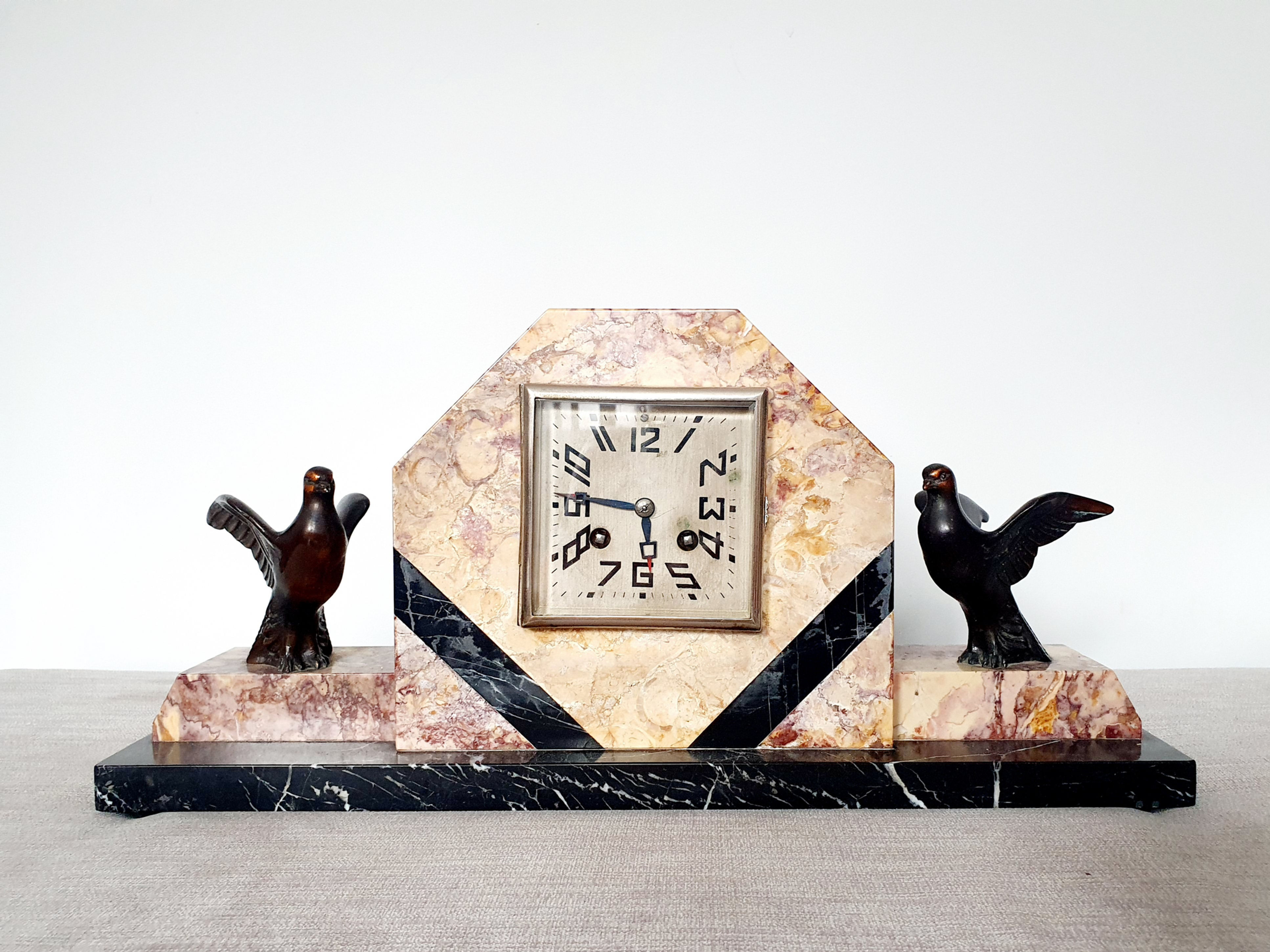 Art Deco Marble Clock Spelter Birds 1930s UK for sale