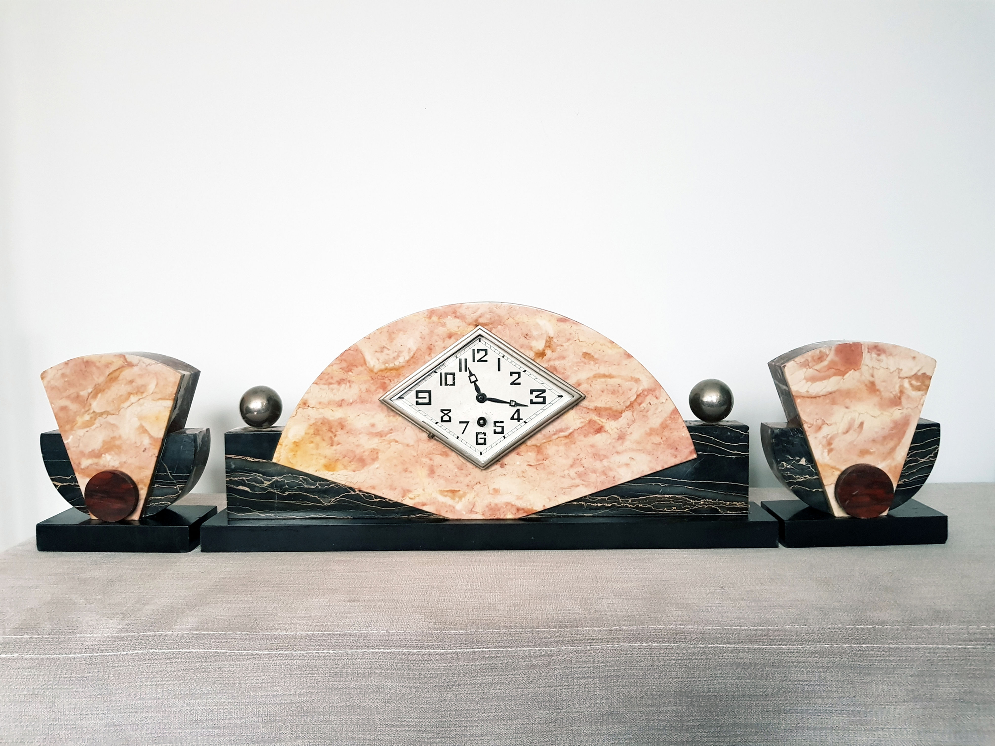 Marble Clock Garniture with Chrome Spheres