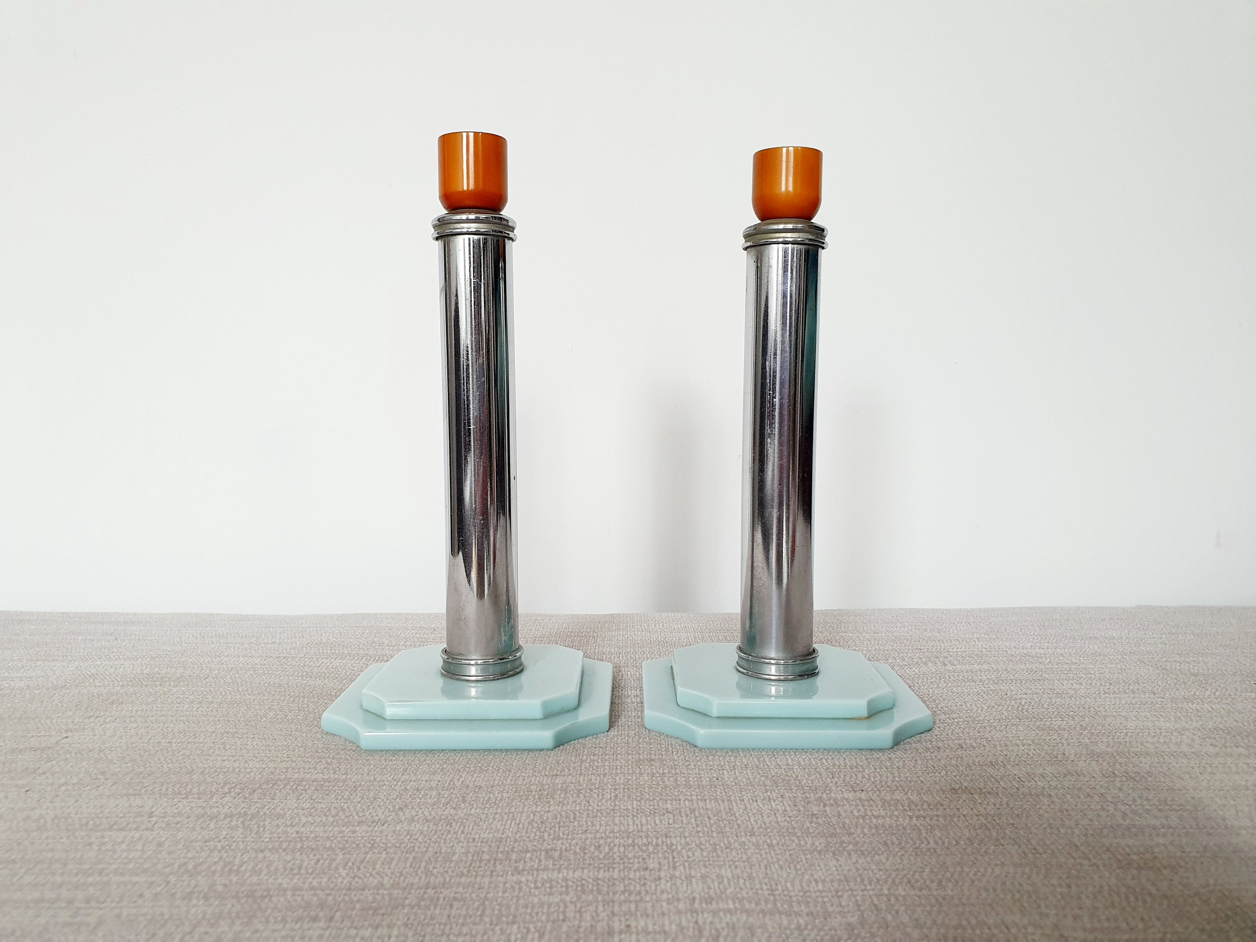 Pair of Chrome & Phenolic Candlestick Holders