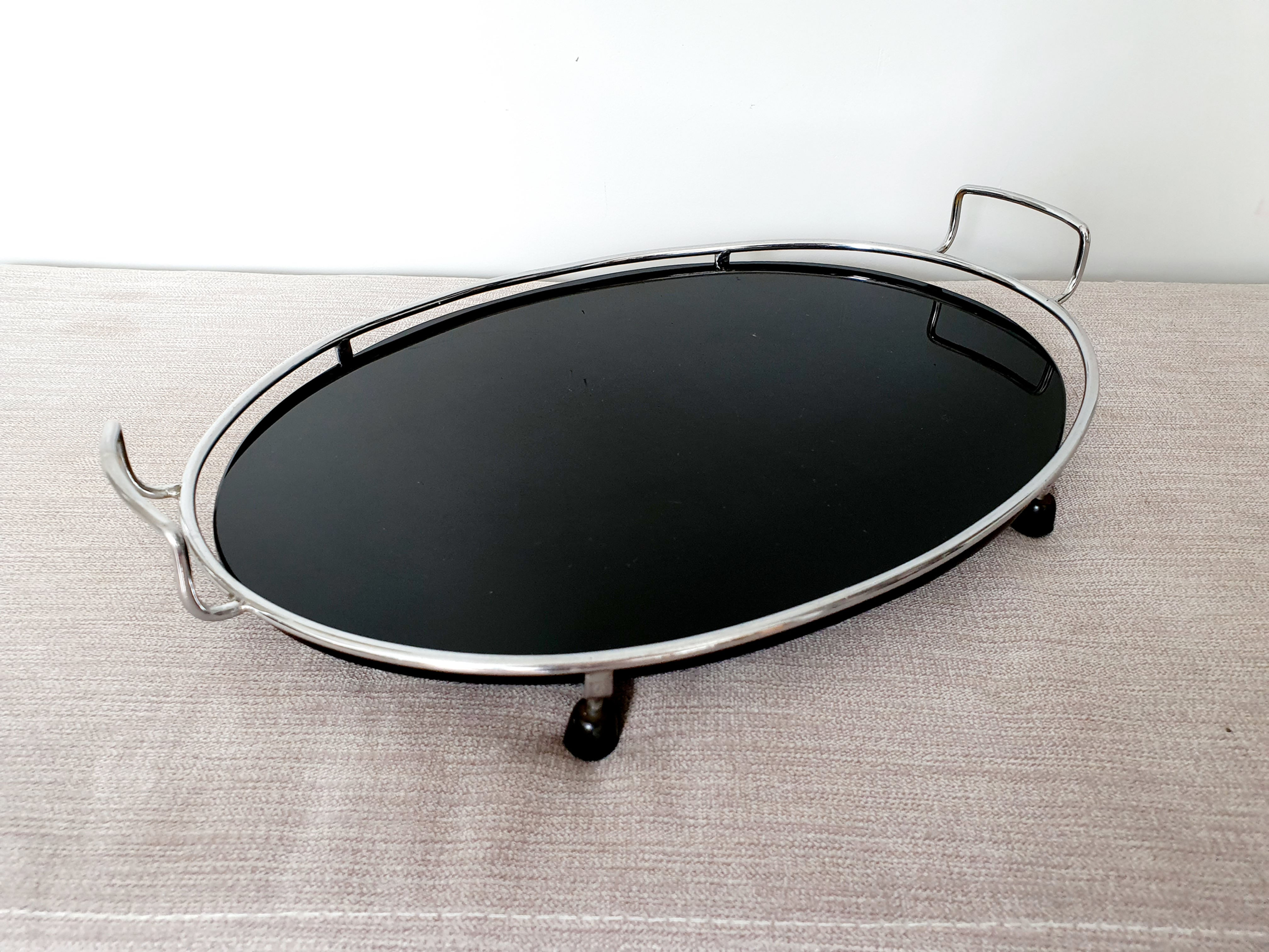 Black Glass & Chrome Oval Tray