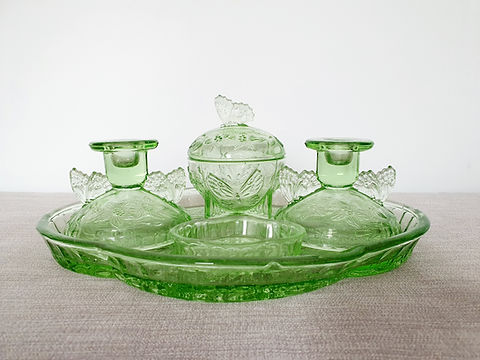 Sowerby Butterfly Green Glass Dressing Table Set | Anna's Art Deco Sowerby Butterfly Green Glass Dressing Table Set | Anna's Art Deco