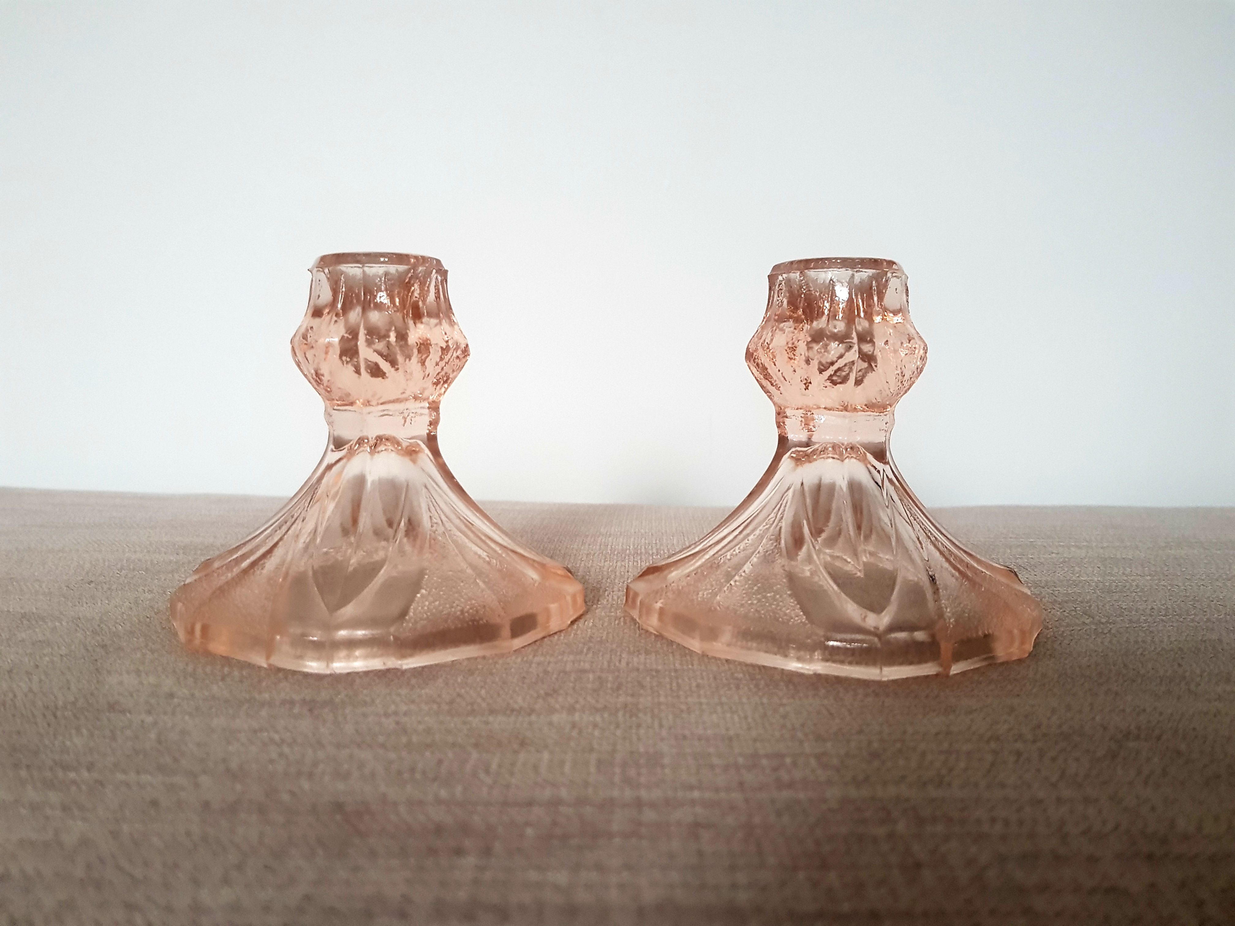 Pair of Pink Glass Candlestick Holders