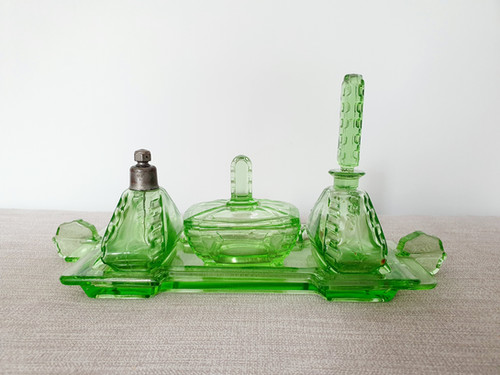 green emerald velvet dress Art Deco 1930s Dressing Table Set, Green with Uranium Glow *RARE FIND*   That Retro Piece