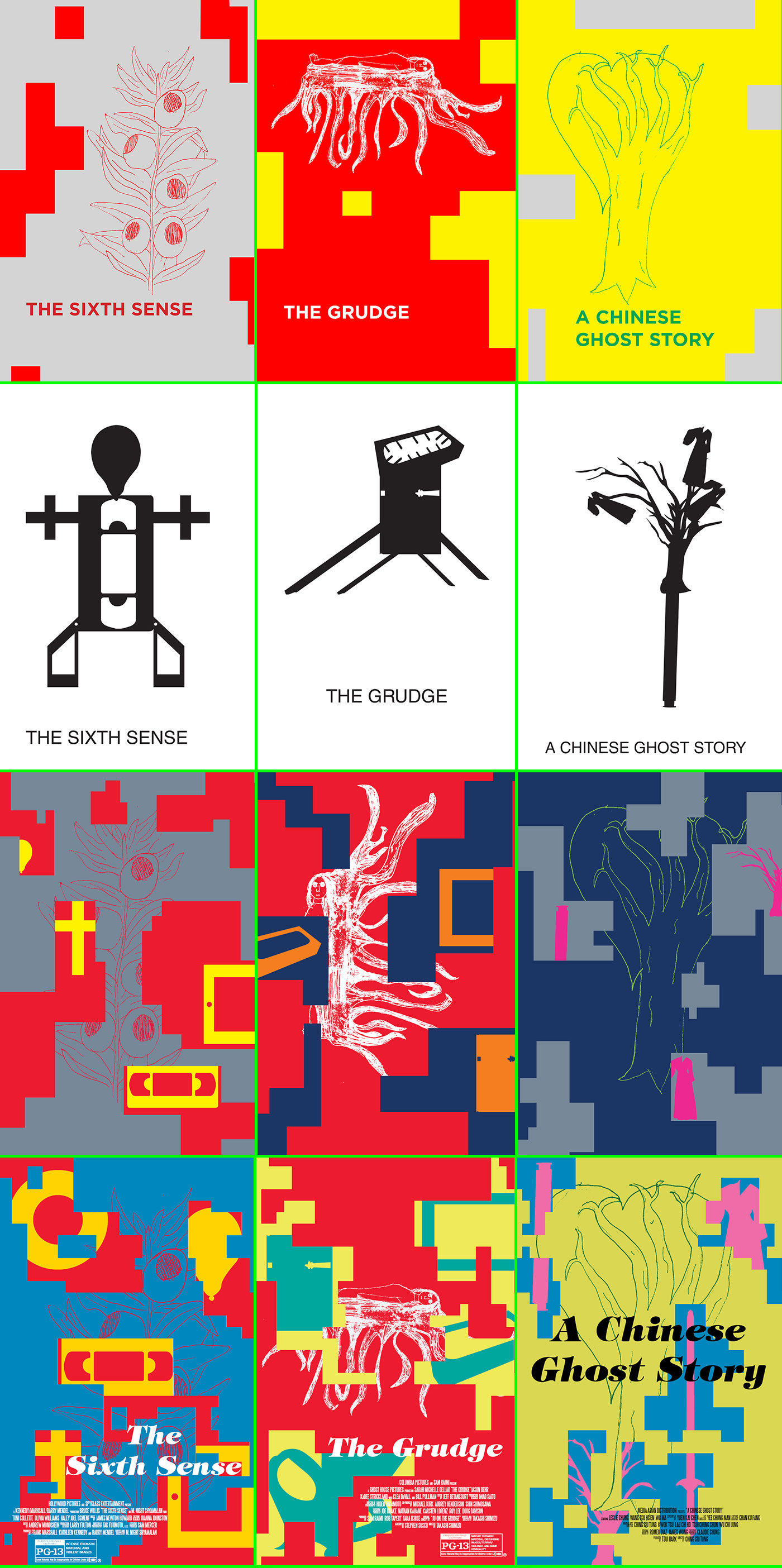 Early colored digital versions of the posters featuring vector shapes of various items with a drawing based on the movie in the background. The colored boxes on one poster would lead to the main background color of the next one: The squares on the "Sixth Sense" poster would have the same color as the "Grudge" background; "The Grudge" would have squares colored as the BG for "A Chinese Ghost Story;" the last one would go full circle and have squares colored the BG for the "Sixth Sense" poster.
