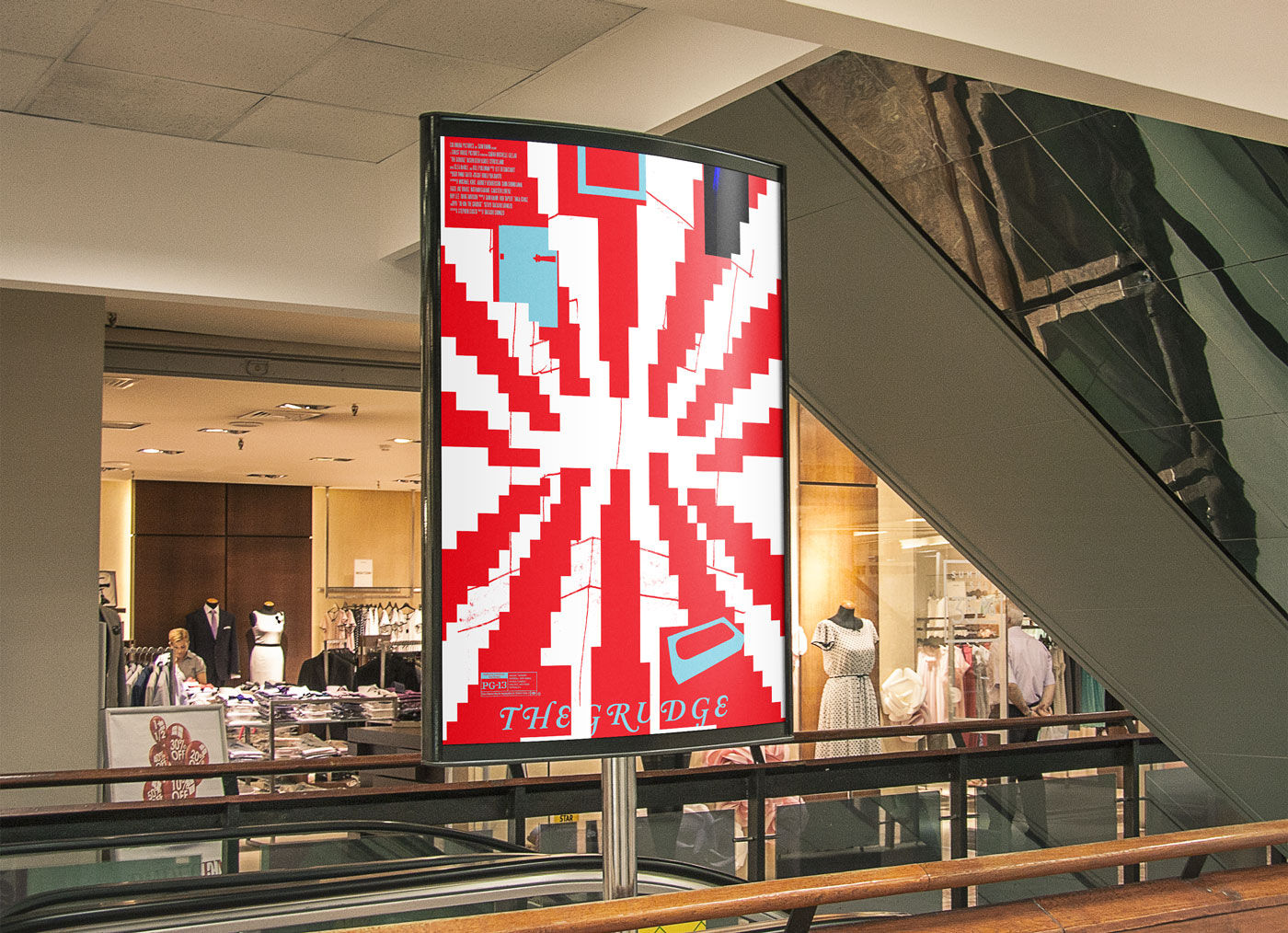 How my poster for "The Grudge" (2004) would look in public. After deciding to use the red box designs in all the posters, I laid them out on this poster first, to give an appearance of the Flag of Imperial Japan, inspired by Chip Kidd's similar design for the American cover of the book "Ringu."