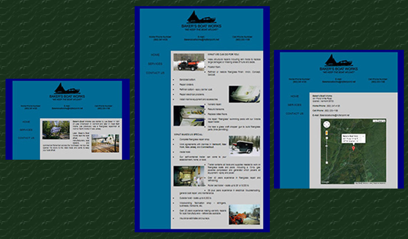 The three main pages for the Baker's Boat Works site: the home page, the services page, and the Contact Us page.
