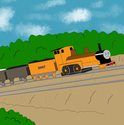 Daniel the Tourette's Engine pulls troublesome freight cars up a hill. This drawing could've been better in the shading department, but I wanted to get the new "Derek" story out ASAP.