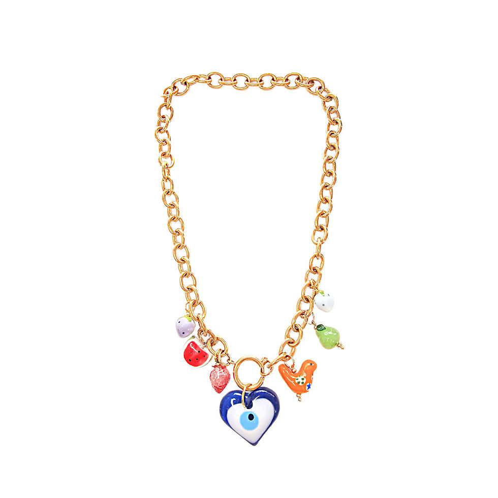 Mykonos charm necklace, farm animal charms, fruit charms, heart pendant, evil eye jewelry, gold  chain link, statement