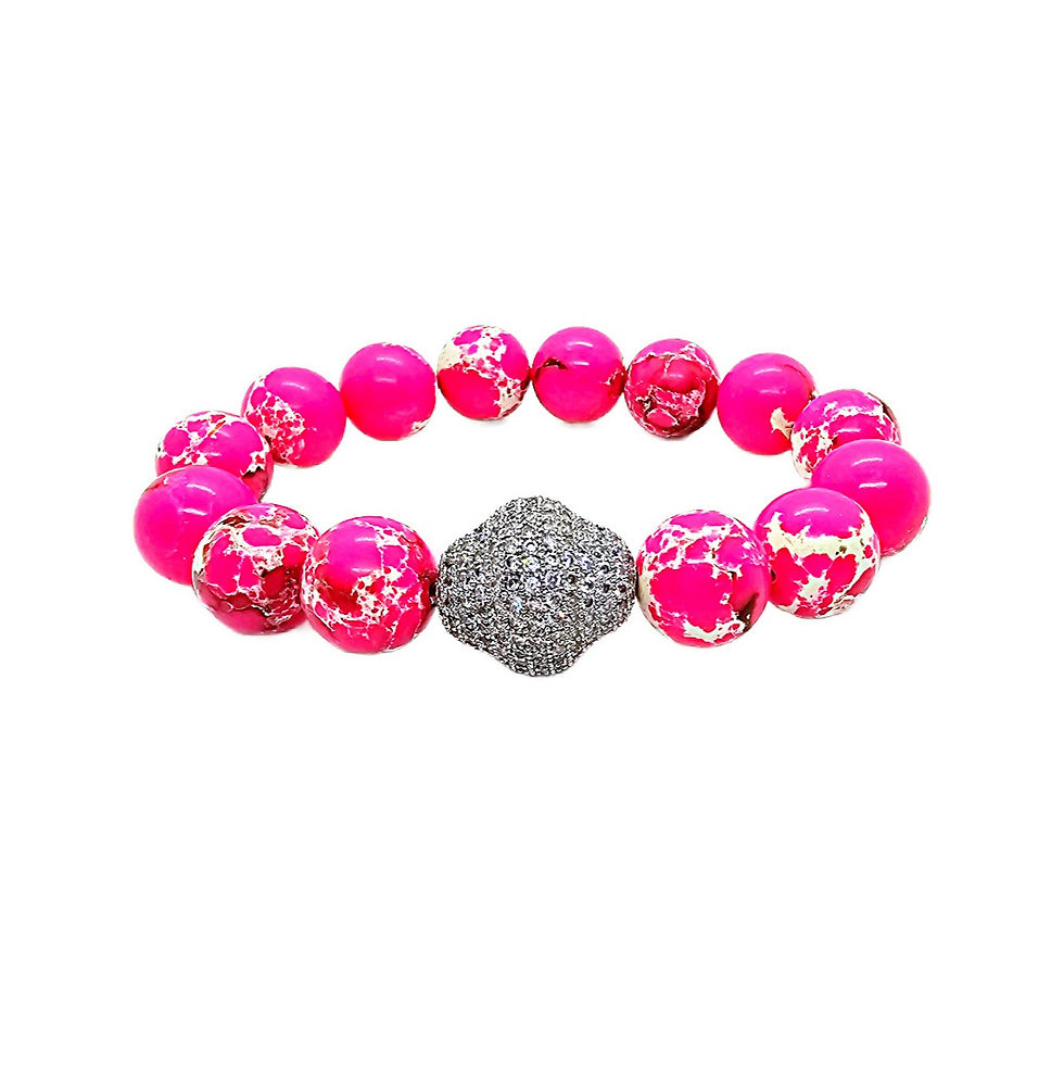 Thumbnail: Silver Pink Jasper Trapezoid Micro Cubic Zirconia spacer beaded gemstone 12mm bracelet