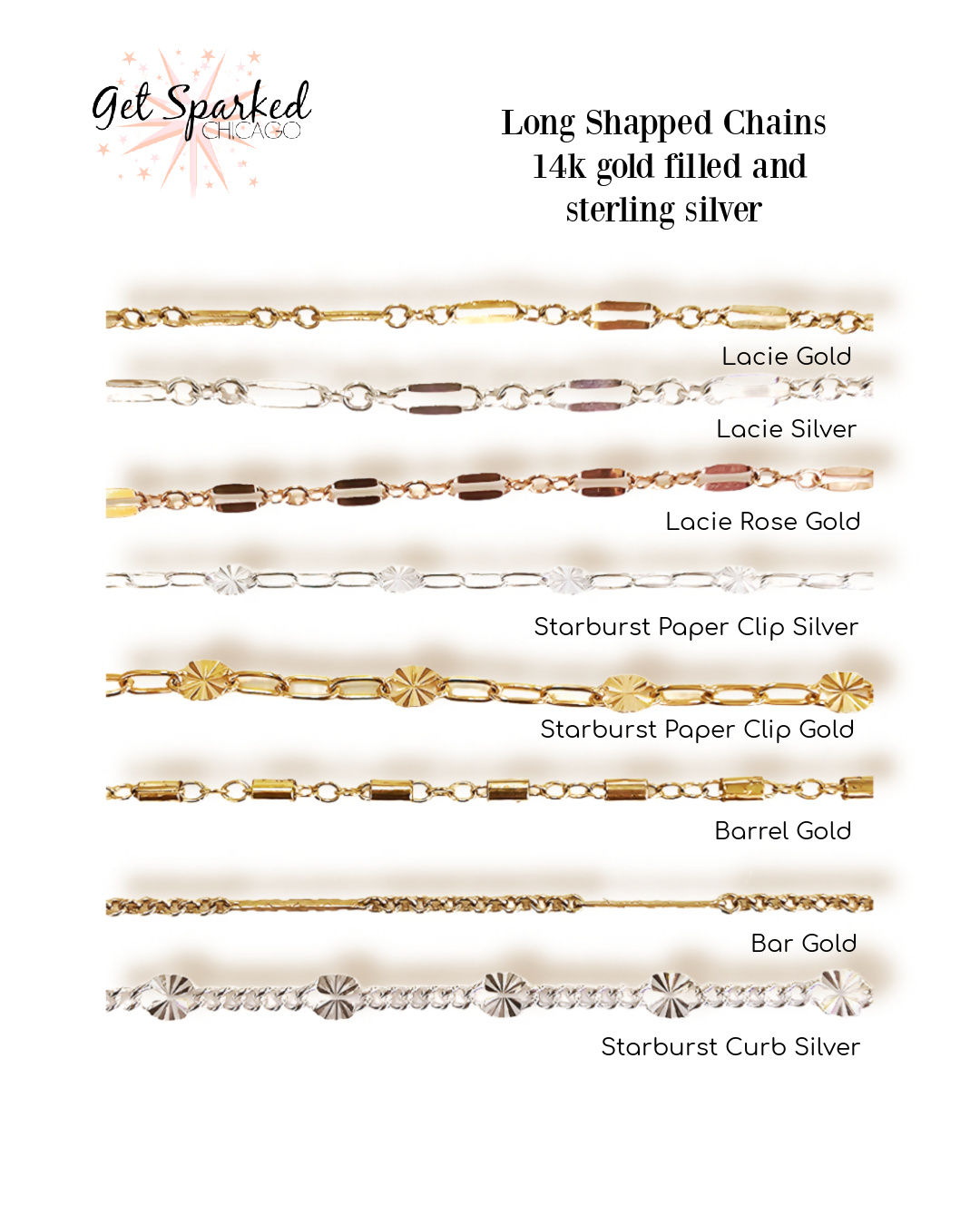 dapped chain, lace chain, starburst chain, paperclip, bar chain, barrel chain, permanent jewelry, forever bracelets