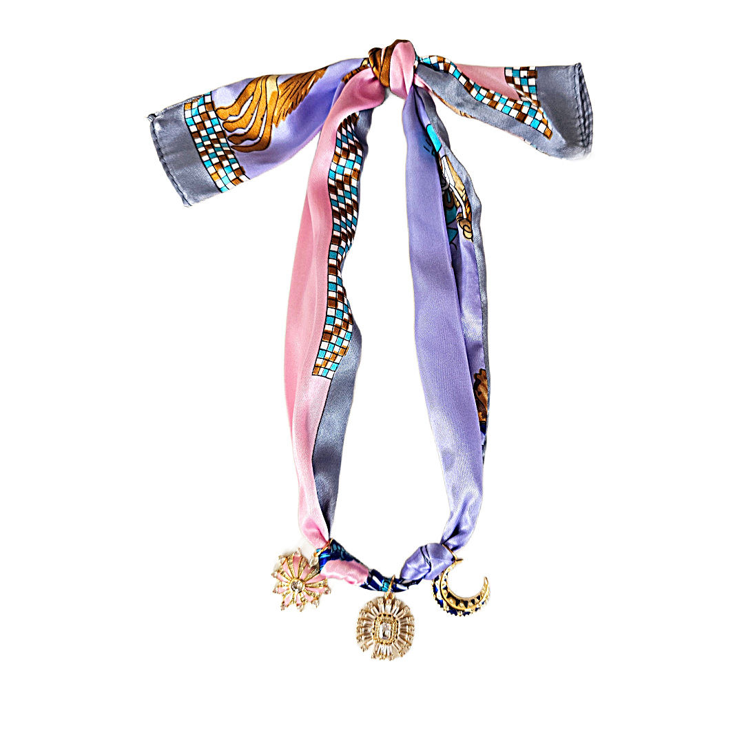 Adjustable Satin Scarf Necklace with interchangeable 18k gold enamel plated charms.