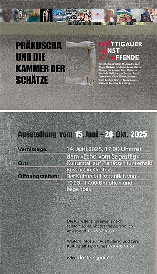 Flyer zur Kunstausstellung Prättigauer Kunstschaffende 2025 in Klosters – mit Werken regionaler Künstler:innen, darunter Bett